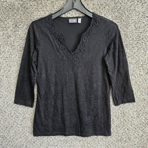 Chicos Top Womens 0 US Small Black Additions‎ V-Neck Embroidered 3/4 Sleeve Tee - Picture 1 of 7